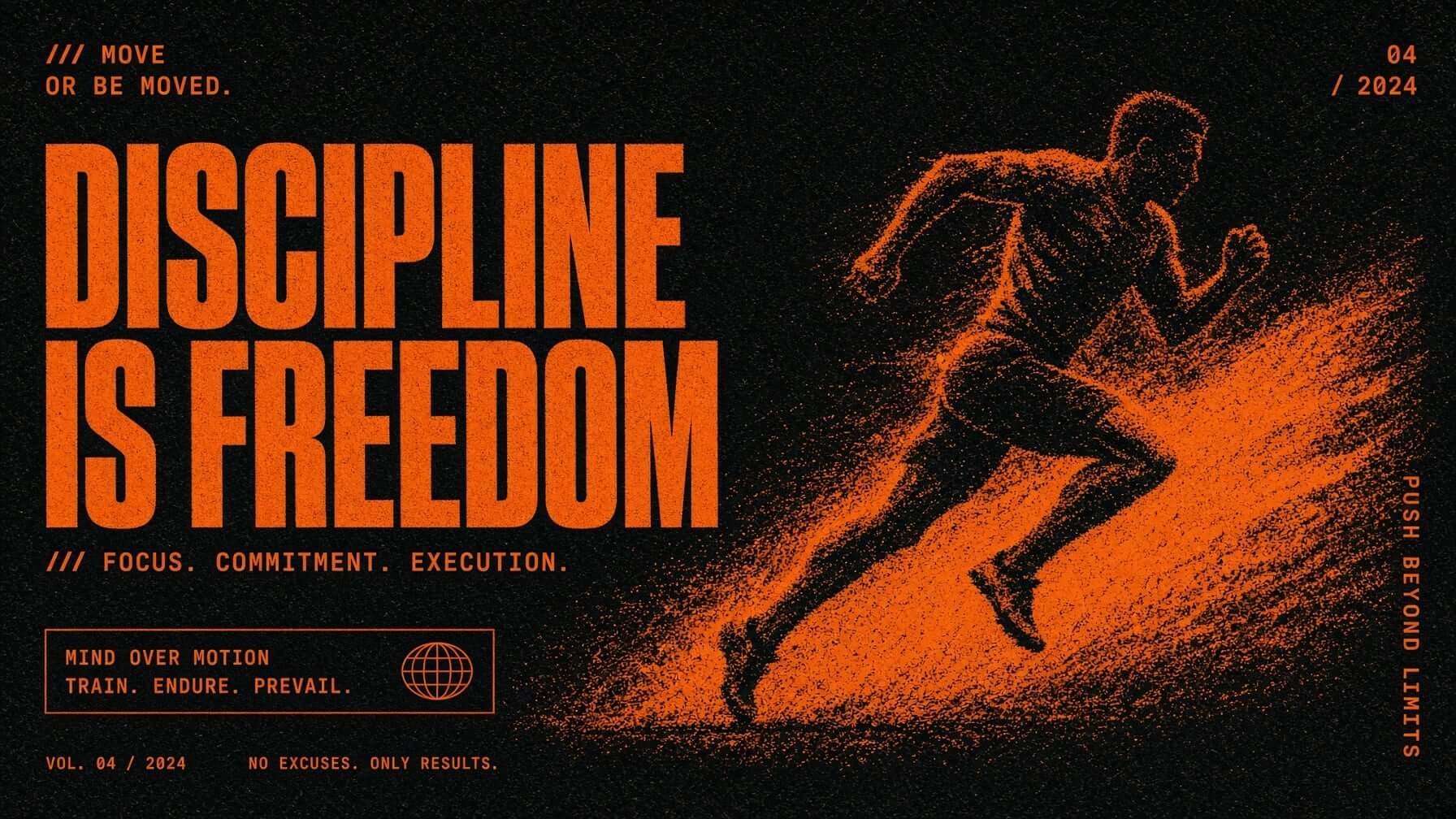 Gritty motivational poster of a sprinting runner in orange and black