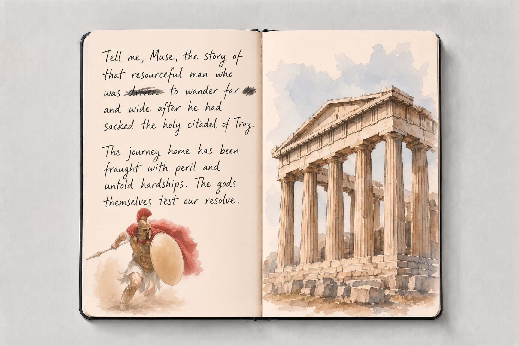 Handwritten Odyssey journal spread with a watercolor hoplite facing a painted Greek temple