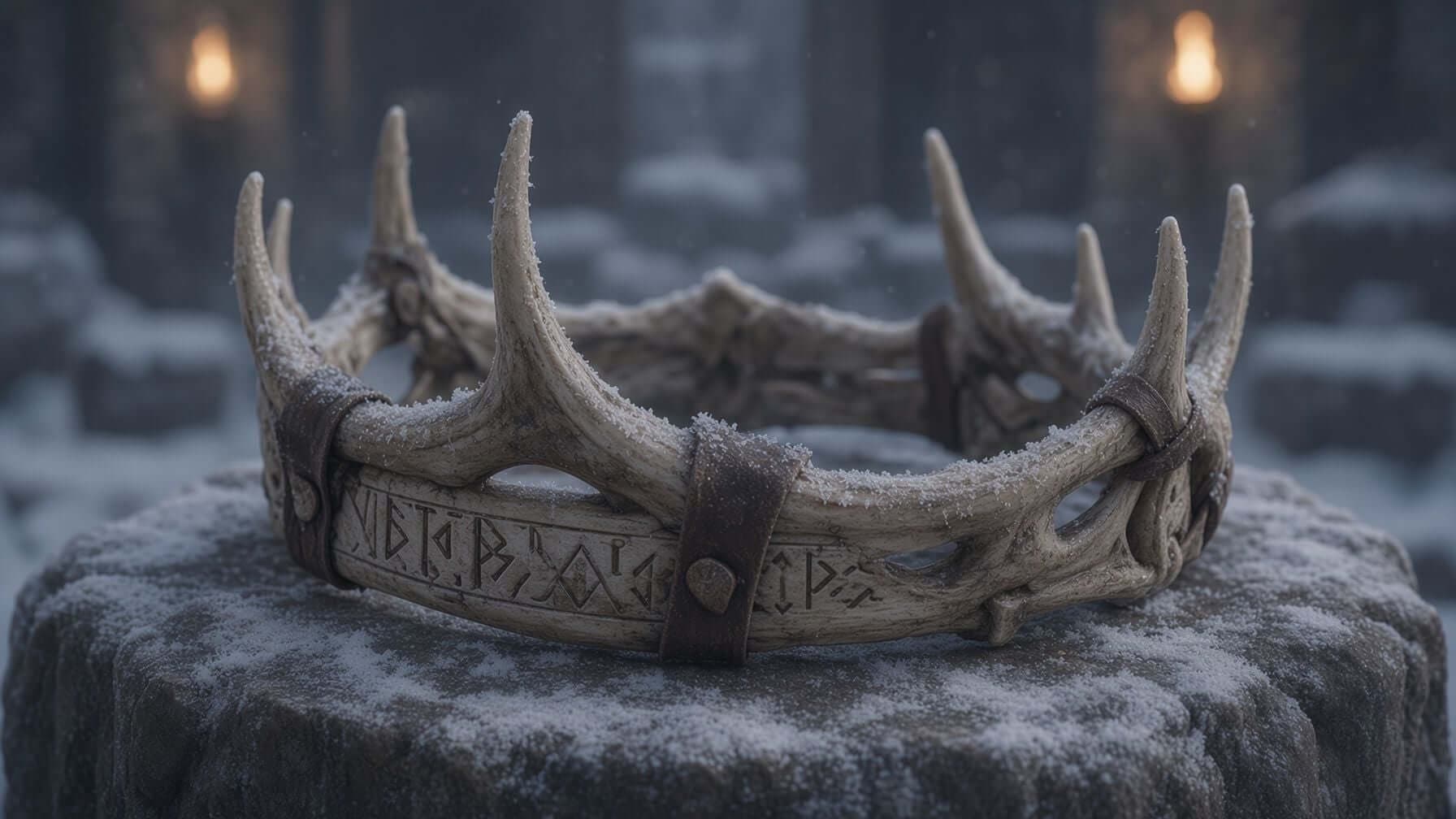 Rune-carved antler crown resting on a snow-dusted stone plinth